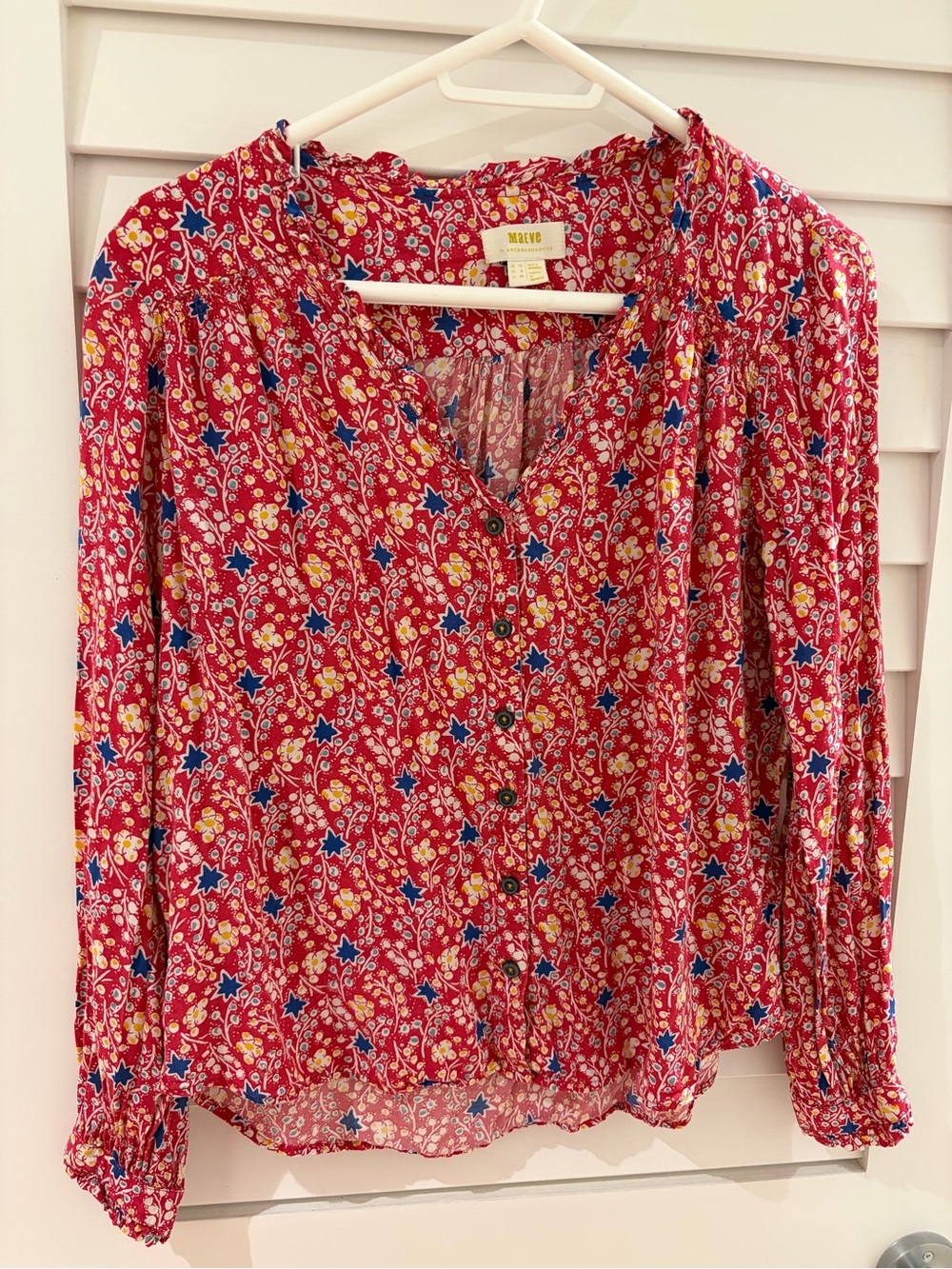 Anthropologie Red Floral-Star Button Front Blouse